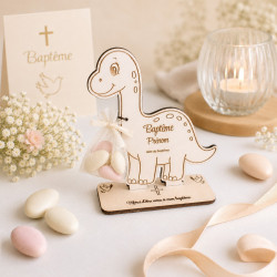 Porte-dragées diplodocus personnalisé en bois – Marque-place baptême, communion ou anniversaire
