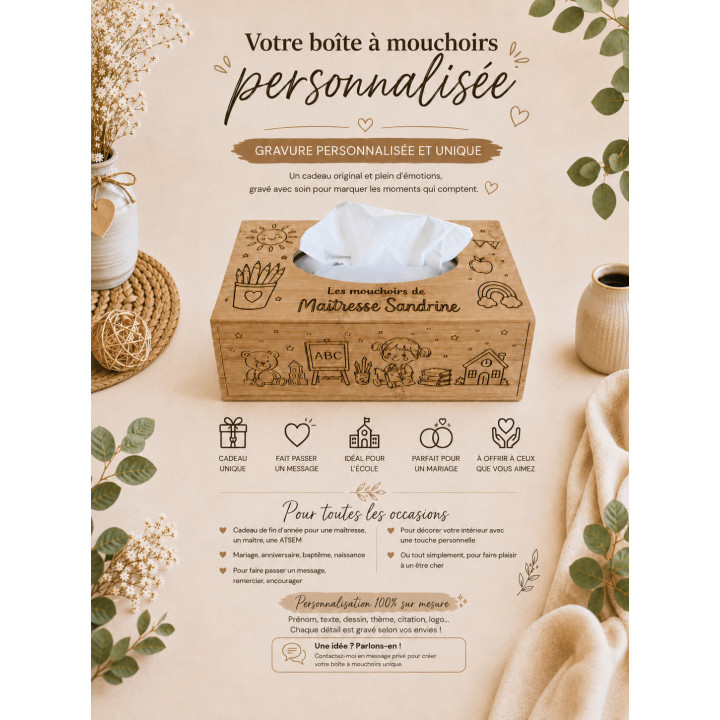 Boîte à mouchoirs en bambou personnalisée avec gravure pour maîtresse